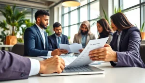 Bookkeeping firm in Abu Dhabi team analyzing financial reports in a modern office setting.