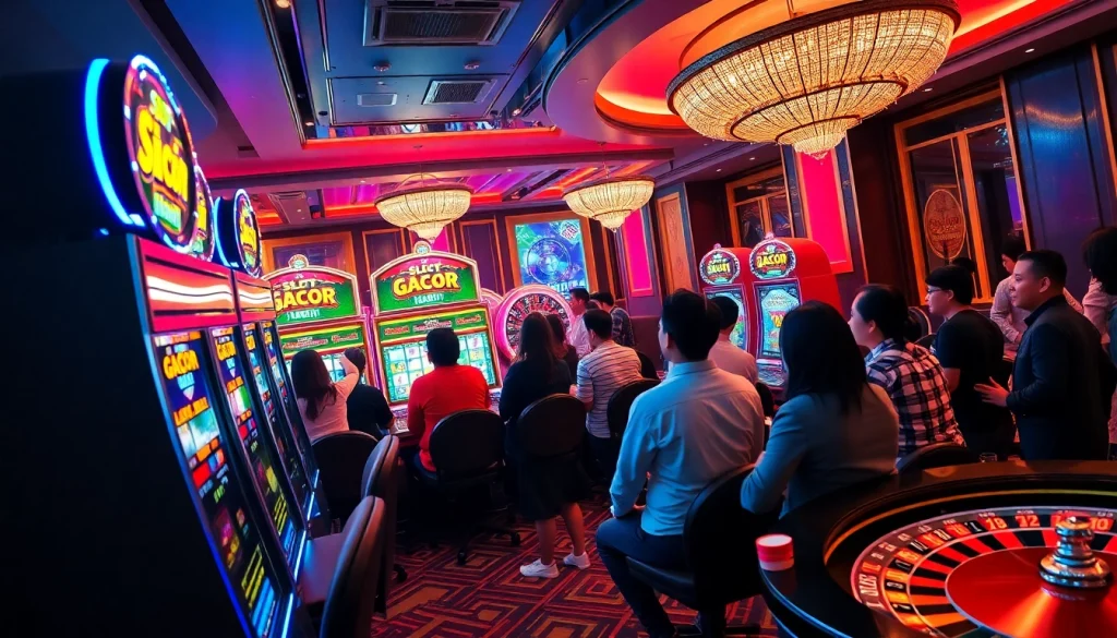 Gamblers enjoying the excitement of Slot Gacor Hari ini at a vibrant casino slot machine area.