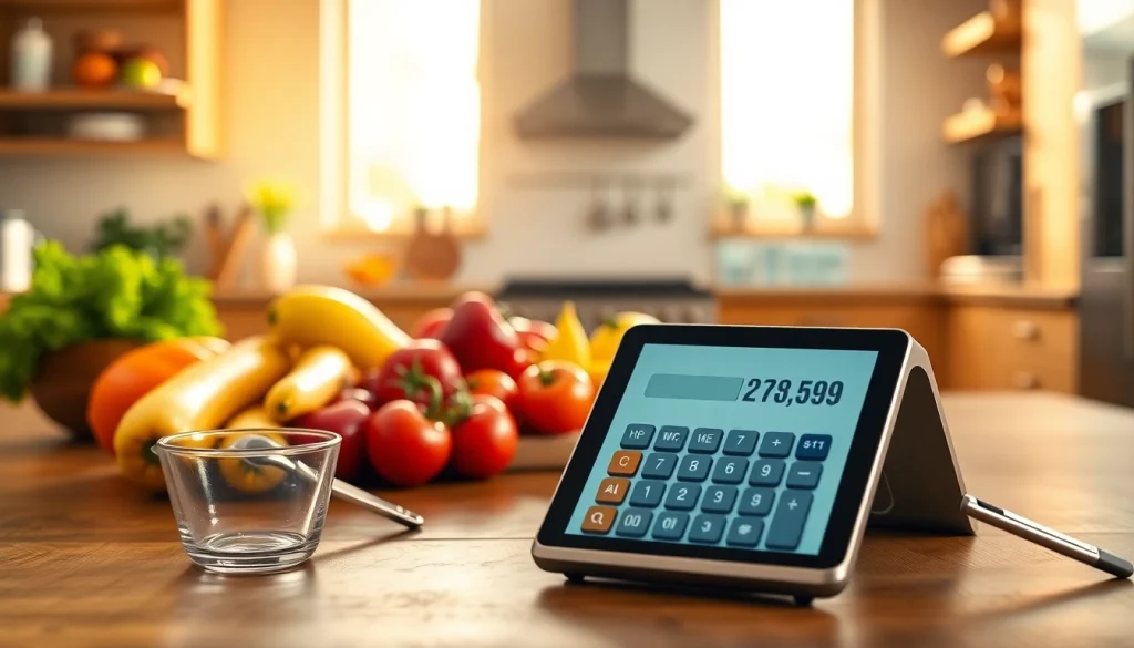 Calculate daily caloric needs with a modern calorie calculator on a kitchen table, surrounded by nutritious foods.