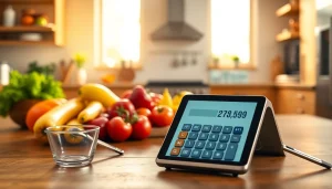 Calculate daily caloric needs with a modern calorie calculator on a kitchen table, surrounded by nutritious foods.