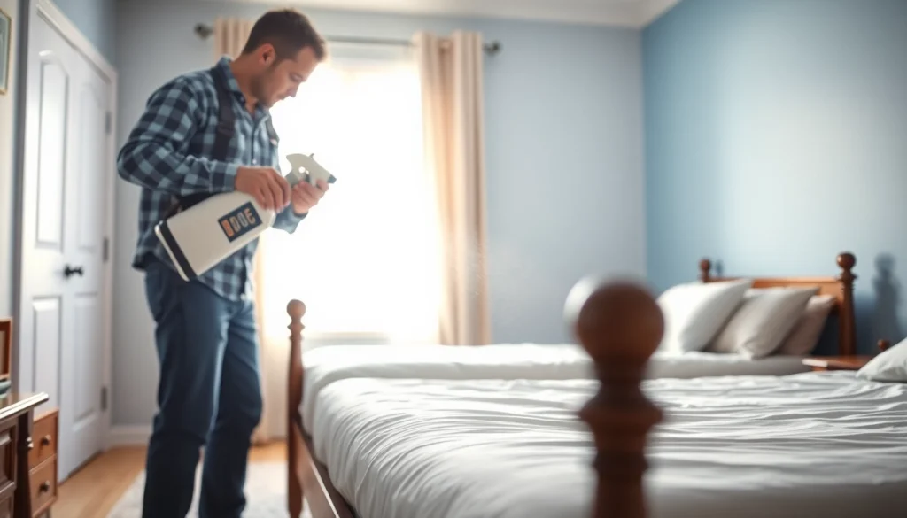 Action shot of a technician treating bed bugs with https://affordablebedbugexterminators.com methods in a clean bedroom.
