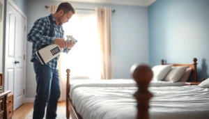 Action shot of a technician treating bed bugs with https://affordablebedbugexterminators.com methods in a clean bedroom.