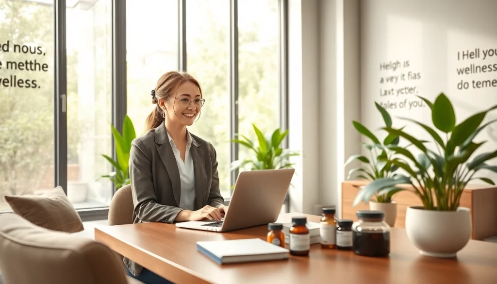 glownexis.com의 전문 웰니스 컨설턴트가 평화로운 사무실에서 작업하고 있습니다.