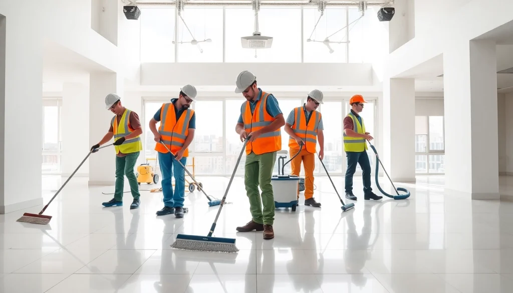 Team conducting post construction cleaning in a bright, newly finished commercial space, emphasizing a streamlined process.