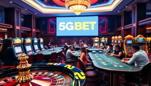 Engaging casino scene showcasing 5GBET with players at poker and blackjack tables.