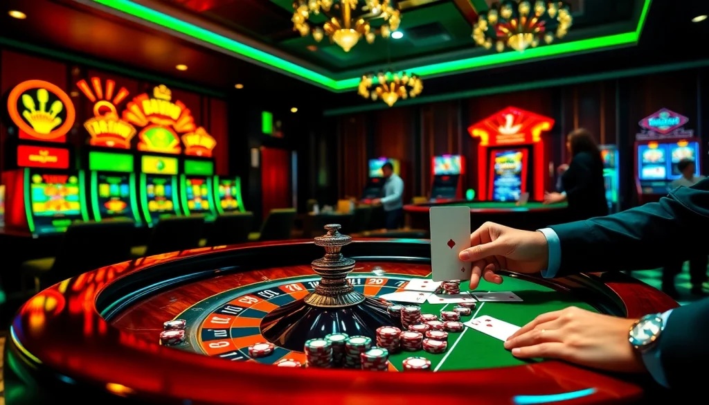 Gambling excitement at https://33win.rentals/ showing players at a poker table with vibrant casino elements.