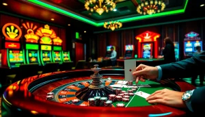 Gambling excitement at https://33win.rentals/ showing players at a poker table with vibrant casino elements.