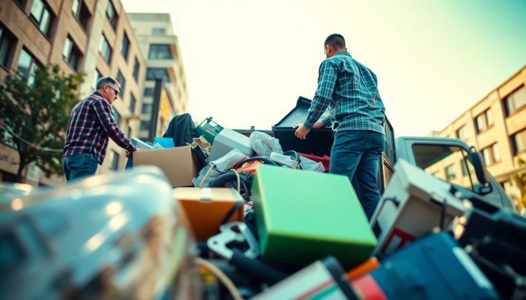 Efficient junk removal process at https://myeasyjunkremoval.com showcasing workers loading items into a truck.