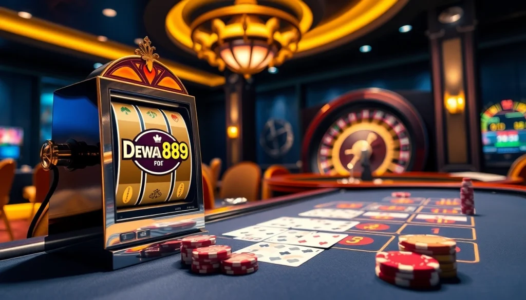 Adegan login Dewanaga89 di kasino mewah dengan mesin slot yang berwarna-warni dan penjudi yang bersemangat.