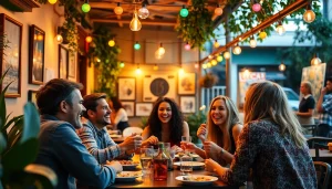 Find the best places to hang out near me in a warm, vibrant café with friends and artwork.