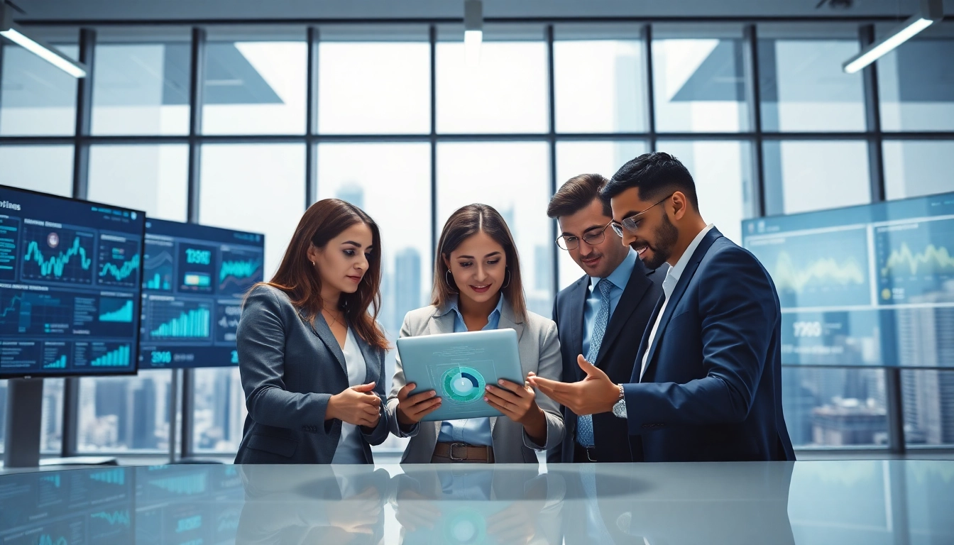 Visualize competitive intelligence through collaborative professionals analyzing data in a modern office.