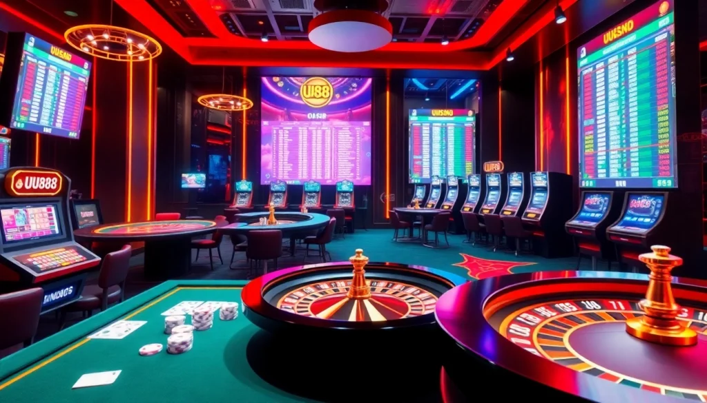 Experience thrilling moments at UU88 with vibrant casino tables, poker chips, and online betting interfaces.