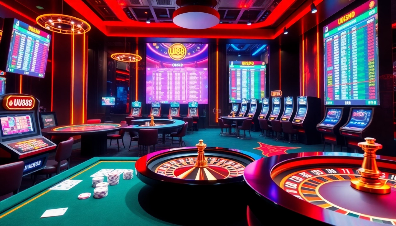 Experience thrilling moments at UU88 with vibrant casino tables, poker chips, and online betting interfaces.