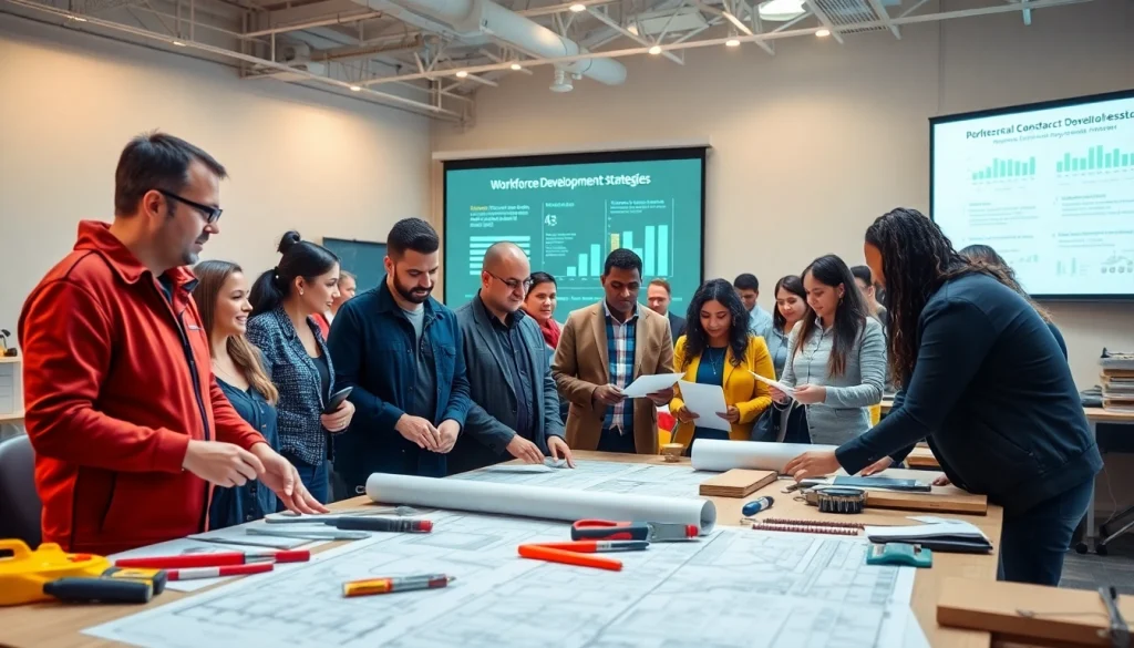 Engaged participants in a vibrant construction workforce development workshop collaborating on projects.