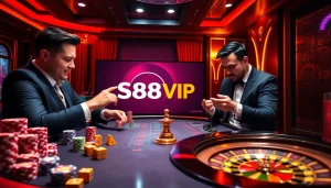 S88VIP gaming scene with vibrant poker chips and roulette wheel in upscale casino atmosphere.
