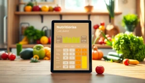 Calculate your daily calories needed using the calorie calculator with fresh ingredients in the background.