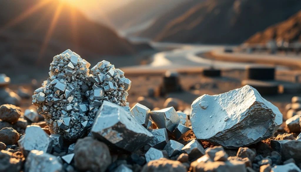 Illustration of minerals rhodium showcased with rarity and metallic sheen amid a natural mining environment.