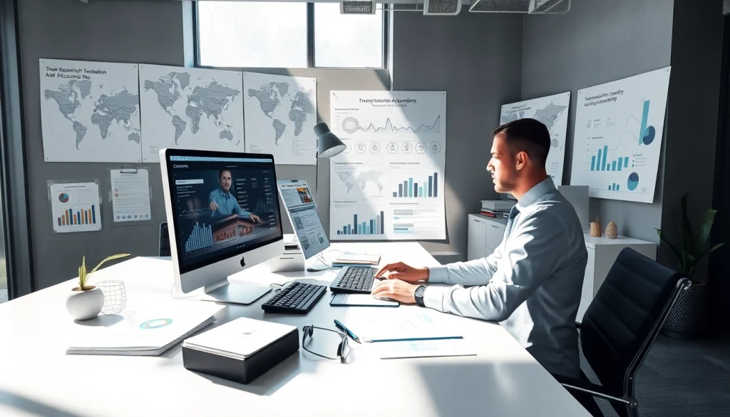 Księgowość dla firmy transportowej w profesjonalnym biurze, przedstawiająca księgowego przy biurku z dokumentami finansowymi i wykresami dotyczącymi transportu.