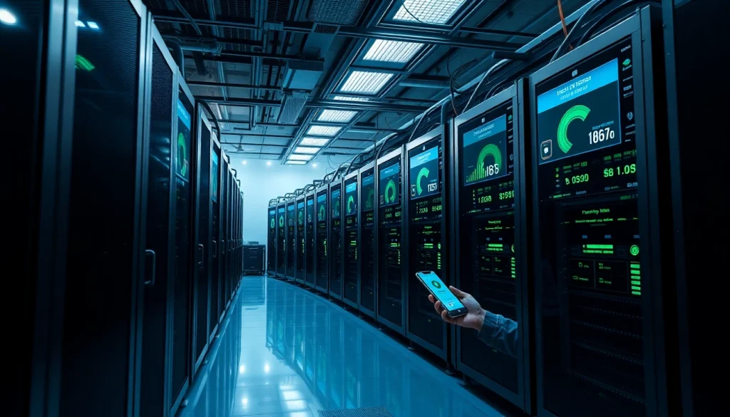 Innovative crypto mining app interface displayed on mobile beside advanced mining rigs in a green energy farm.