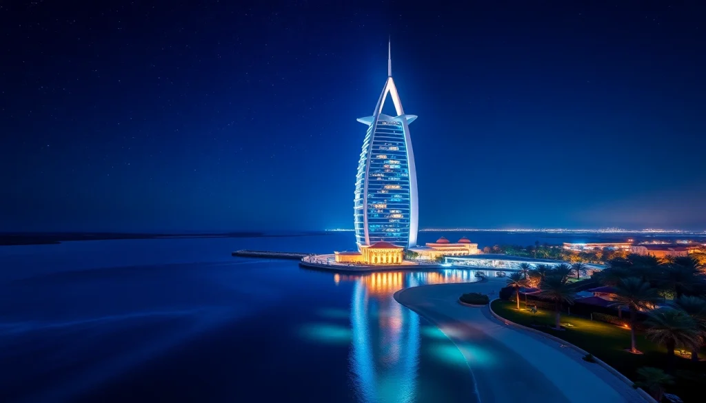 Stunning view of Burj Al Arab showcasing its luxurious architecture and vibrant nighttime illumination.