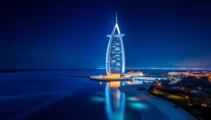 Stunning view of Burj Al Arab showcasing its luxurious architecture and vibrant nighttime illumination.