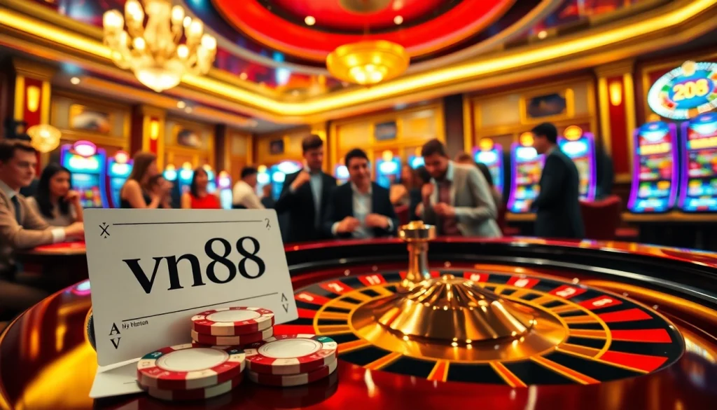 Experience the excitement of vn88 with poker chips and a roulette table in a glamorous casino atmosphere.