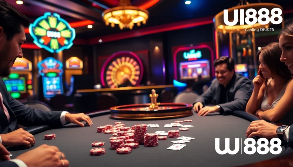Players enjoying poker at UU88's luxury casino table, surrounded by colorful chips and excitement.
