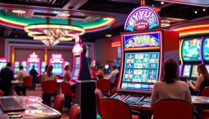 Menang di yuyu4d slot dengan mesin yang bersemangat dan ramai pemain di kasino.
