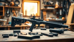 Assembling a polymer-80 handgun with tools on a workbench for craftsmanship enthusiasts.