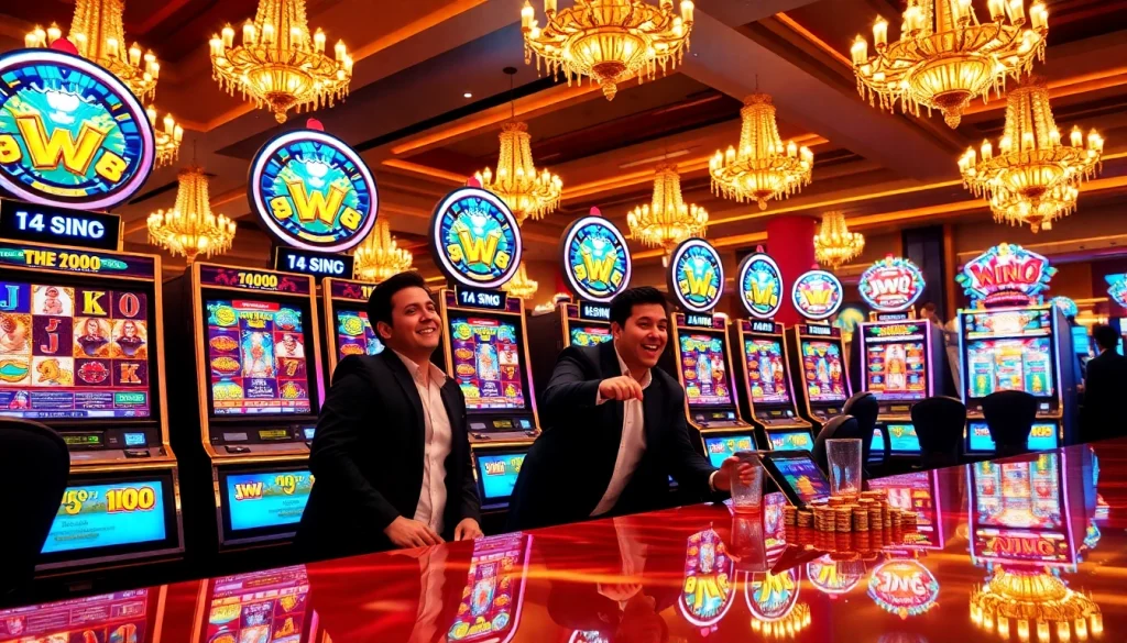 Players enjoying the vibrant jw8 slot machines in an upscale casino ambiance