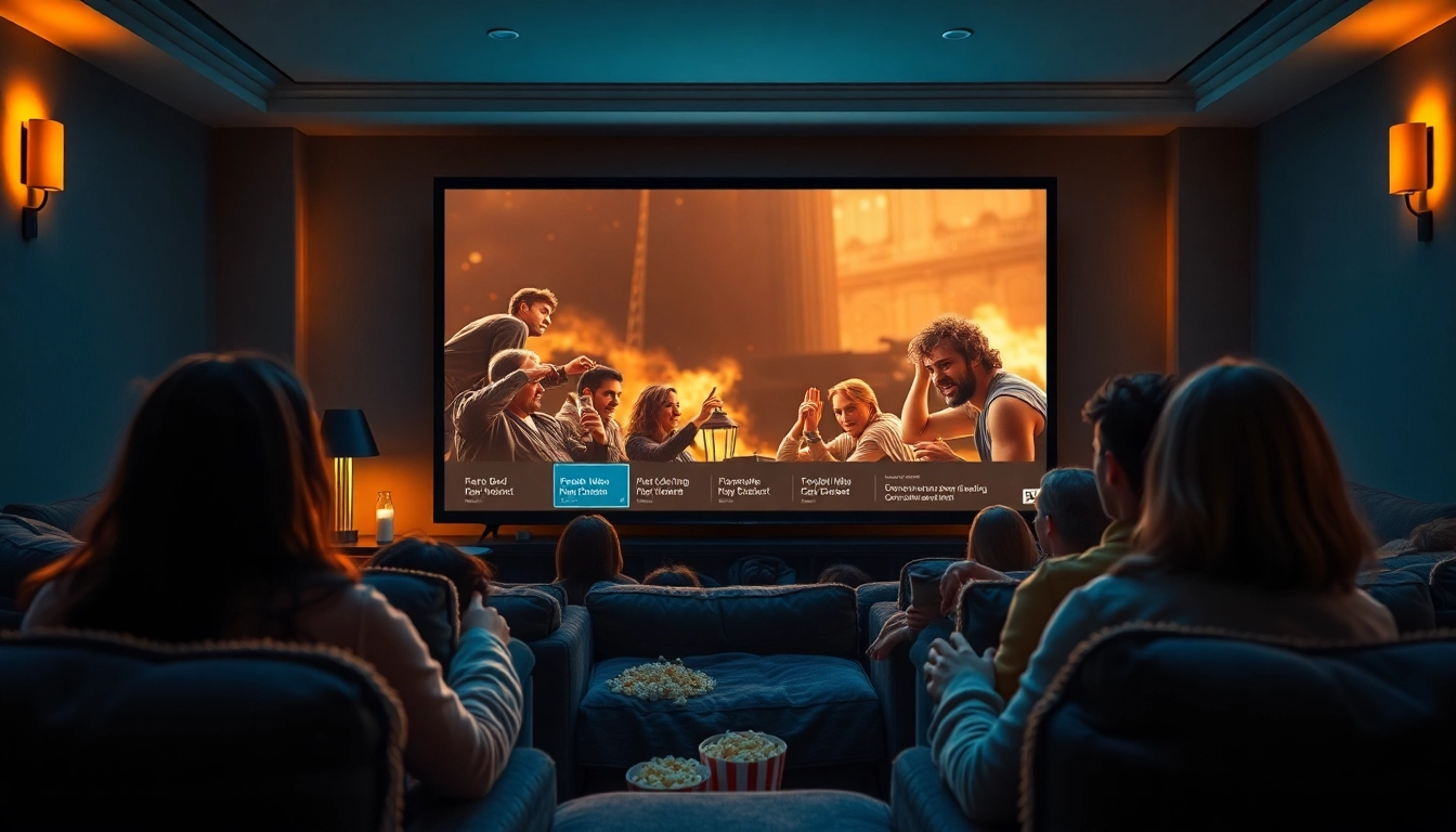 Engaging home theater scene with filme online displayed on screen and viewers enjoying the experience.
