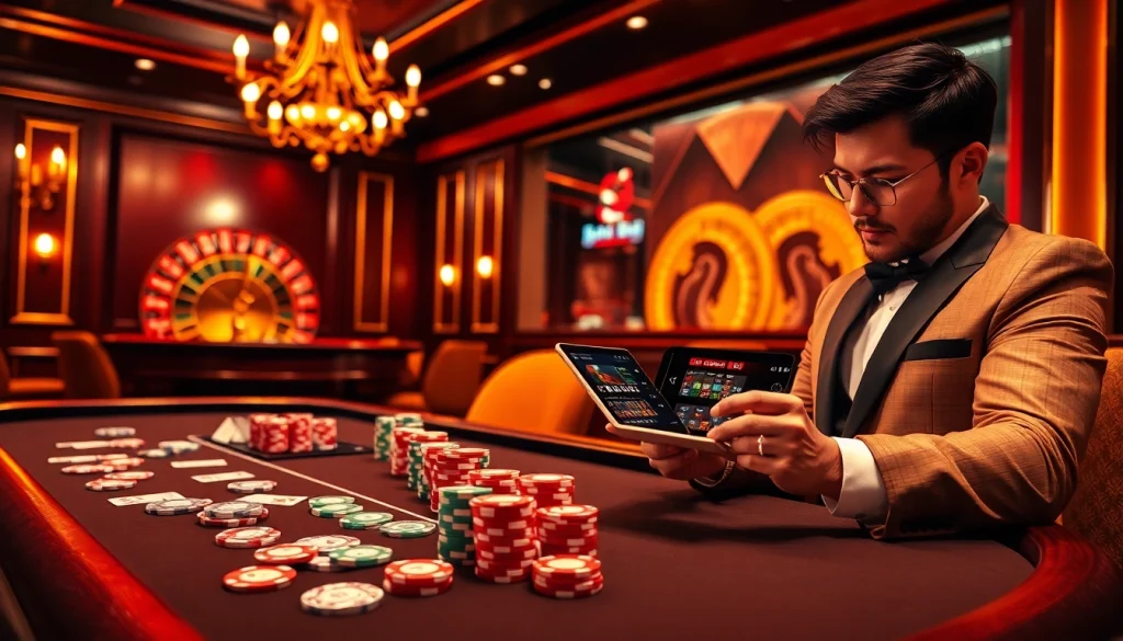 Babu88 players engaging with vibrant poker chips and a spinning roulette wheel in a luxury casino setting.