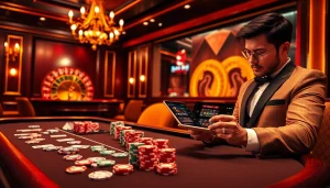 Babu88 players engaging with vibrant poker chips and a spinning roulette wheel in a luxury casino setting.