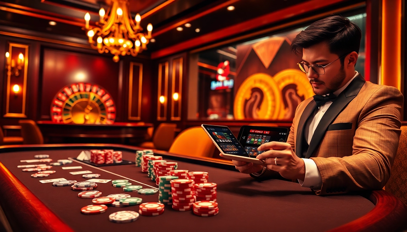 Babu88 players engaging with vibrant poker chips and a spinning roulette wheel in a luxury casino setting.