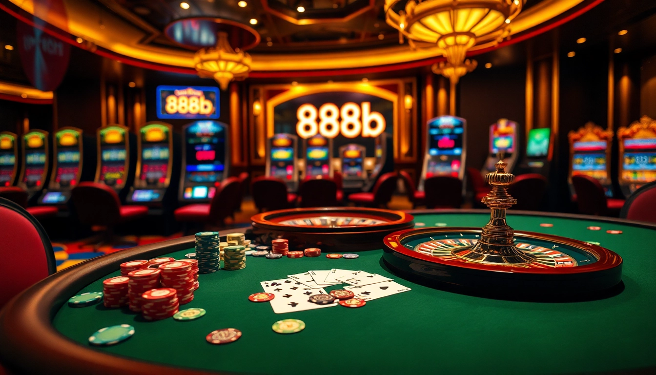 Experience the thrill of đăng nhập 888b at a luxurious casino with poker tables and slot machines.