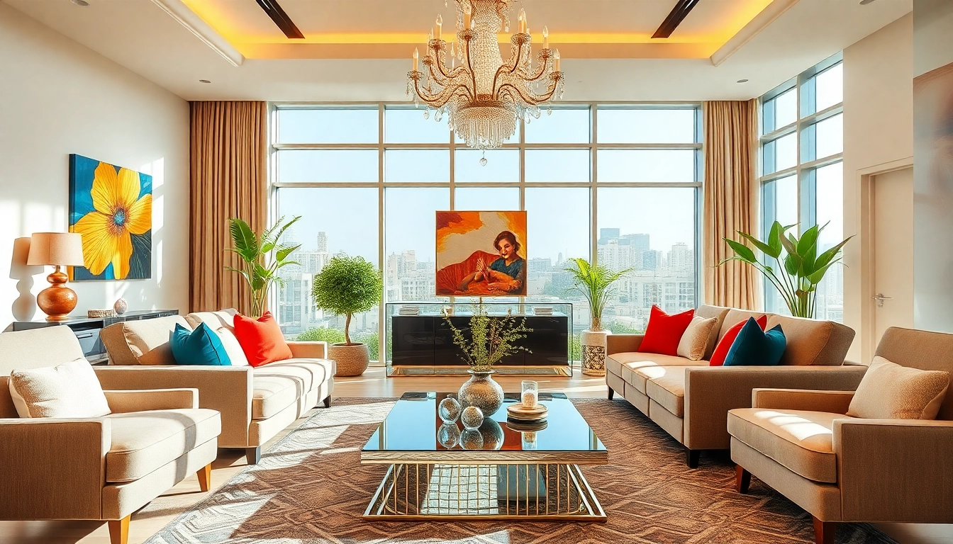 Showcase of interior design dubai featuring a vibrant and elegant living room setting with plush furniture.