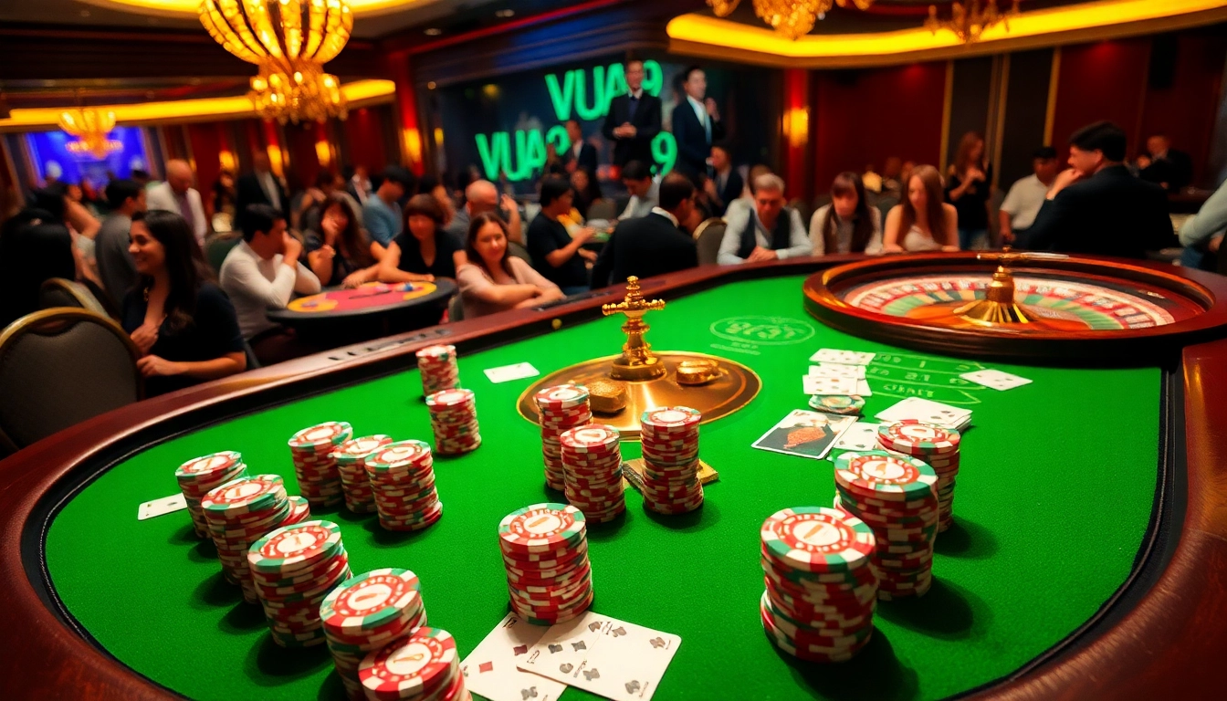 Players enjoy an exciting night at VUA99 casino, featuring poker chips and a roulette wheel.