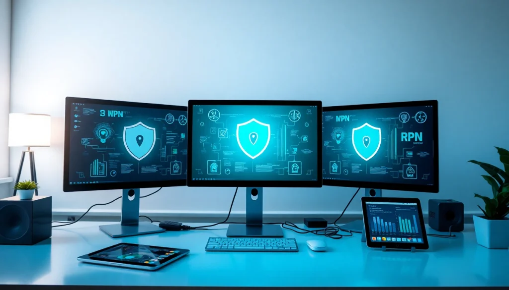 快连vpn下载 interface displayed on multiple screens in a modern workspace.