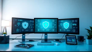 快连vpn下载 interface displayed on multiple screens in a modern workspace.