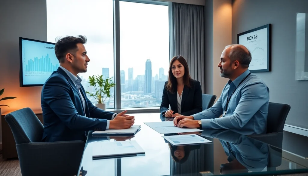 Financial advisor discusses investment strategies with a client, showcasing BOX138 expertise in a modern office.