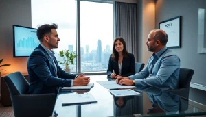 Financial advisor discusses investment strategies with a client, showcasing BOX138 expertise in a modern office.