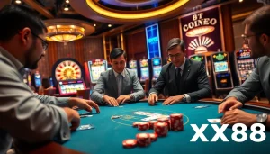 Exciting gaming scene at XX88 casino with high-stakes poker, roulette, and vibrant slots.