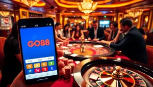 Link vào go88 showcasing players at a live casino table enjoying poker and roulette excitement.