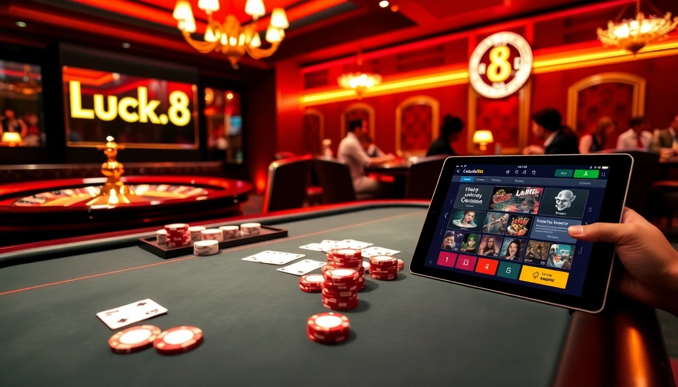Experience the thrill of Luck8 with a vibrant casino scene featuring poker tables and roulette wheels.