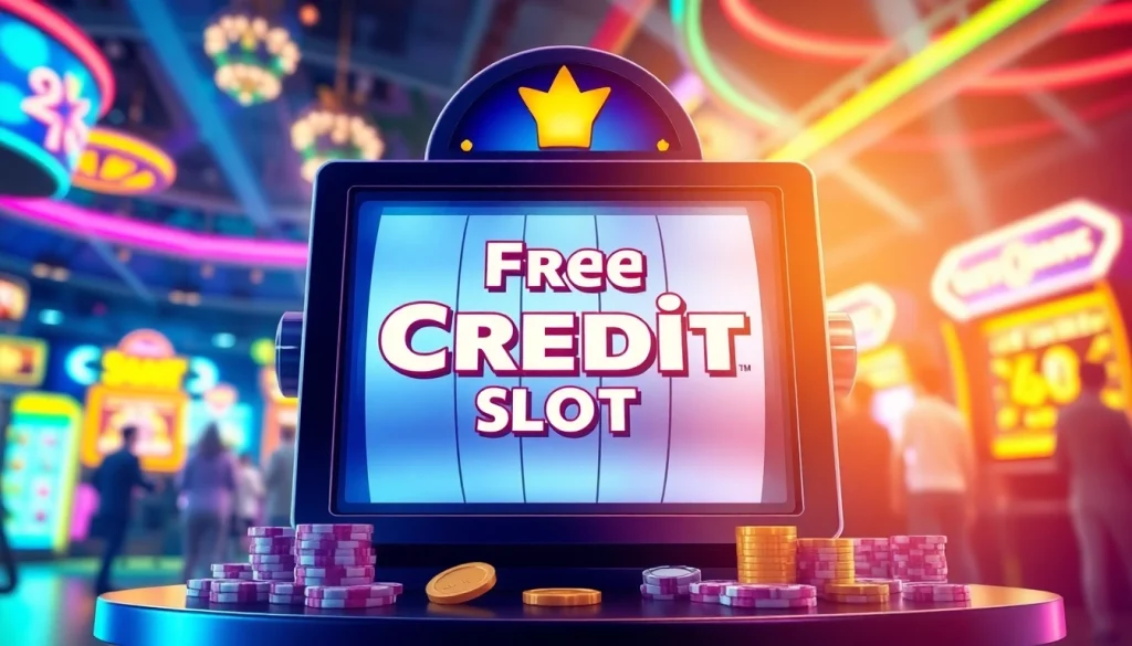 Experience the thrill of playing Free Credit Slot with a vibrant casino backdrop.
