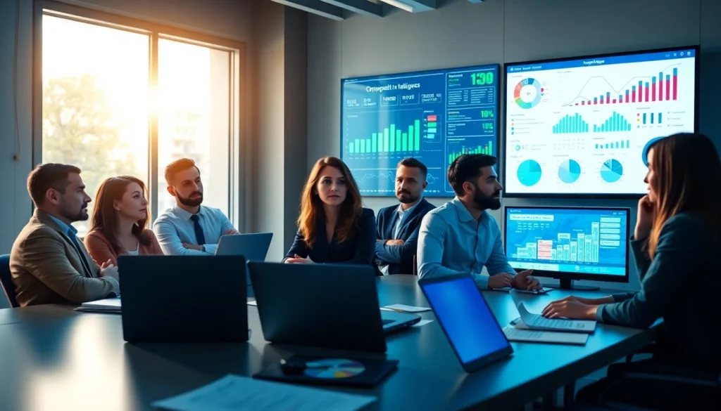 Collaborative team analyzing competitive intelligence data in a modern office setting.