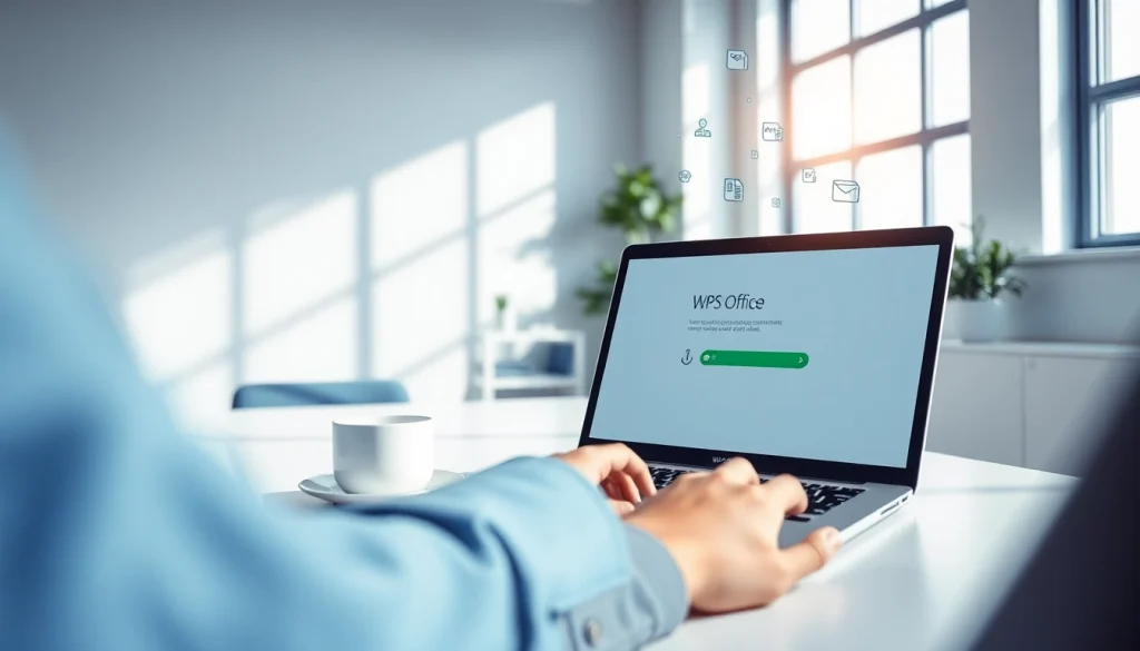 WPS下载 in a modern workspace with a person downloading WPS Office on a laptop.