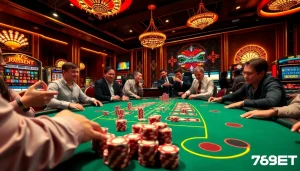 Experience excitement with hỗ trợ 789BET at a luxury casino setting featuring poker tables and gaming action.