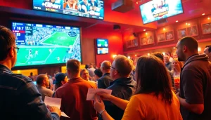 Engaging sports betting experience in Georgia with fans placed around a live game screen.