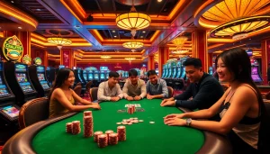 Experience the thrilling excitement of an upscale casino with vibrant gaming tables and dynamic 주소모음 updates visible on digital screens.